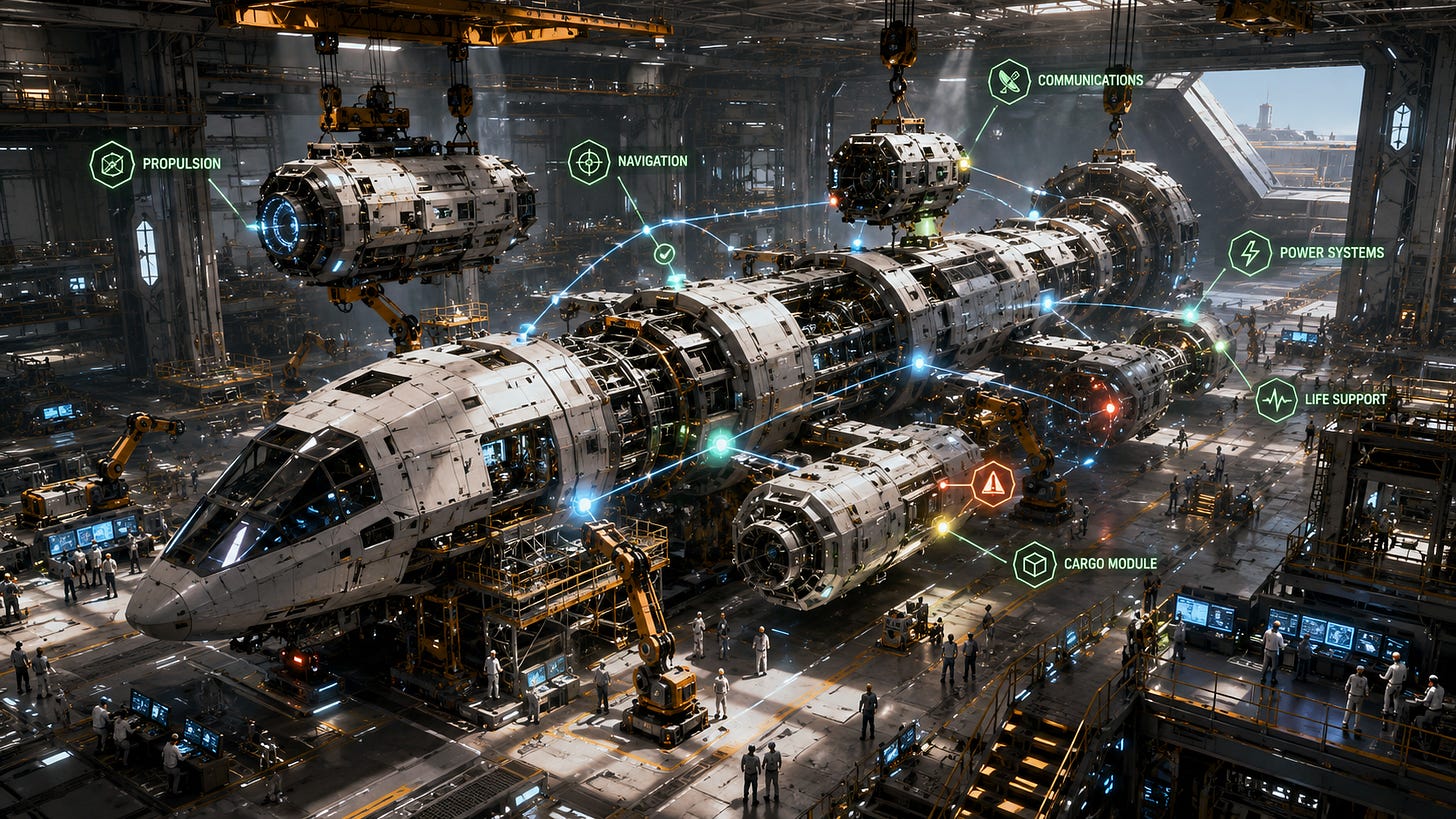 Spacecraft modules connect inside a vast hangar, representing orchestration and service discovery. Spacecraft modules connect inside a vast hangar, representing orchestration and service discovery.