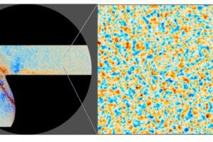 This is part of a new image that shows the vibration directions, or polarization, of the radiation. The zoom-in on the right is 10 degrees high. Polarized light vibrates in a particular direction; blue shows where the surrounding light’s vibration directions are angled towards it, like spokes on a bicycle; orange shows places where the vibration directions circle around it. This new information reveals the motion of the ancient gases in the universe when it was less than half a million years old, pulled by the force of gravity in the first step toward forming galaxies. The red band comes from our closer-by Milky Way.