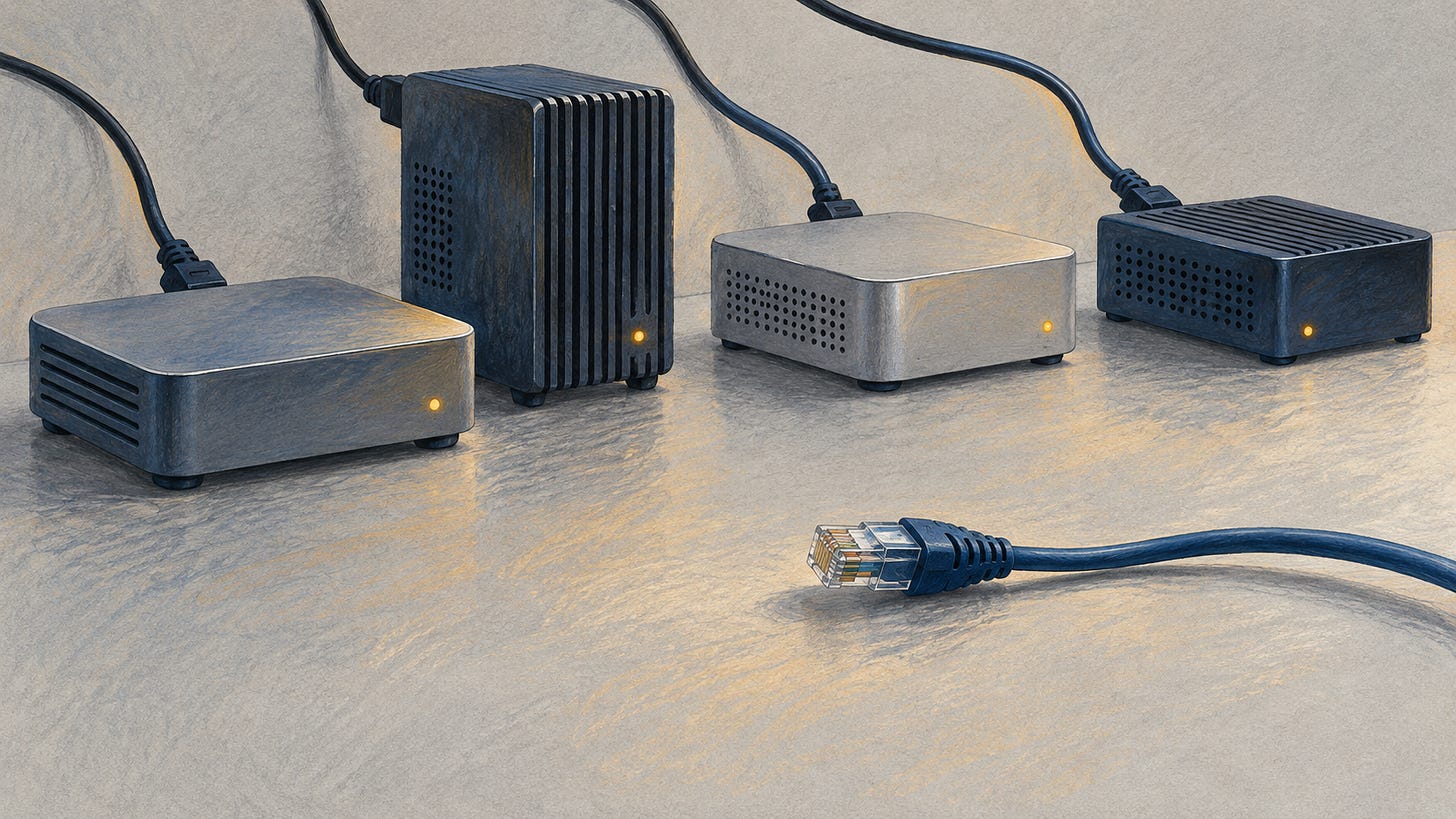 Four small computers with lit status lights and an unplugged Ethernet cable in the foreground.