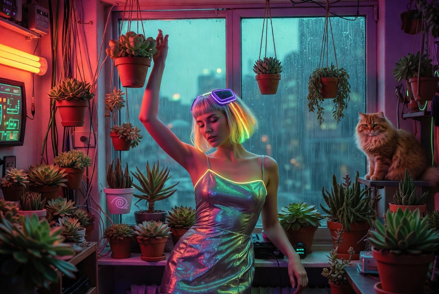 A young woman with short blonde hair and purple futuristic goggles stands in a colorful neon-lit apartment, surrounded by hanging succulents. She reaches up toward a pot of plants, wearing a shiny iridescent dress that glows with pink and green reflections. Rain streaks the window behind her, and a fluffy orange cat sits nearby, creating a dreamy, cyberpunk atmosphere.