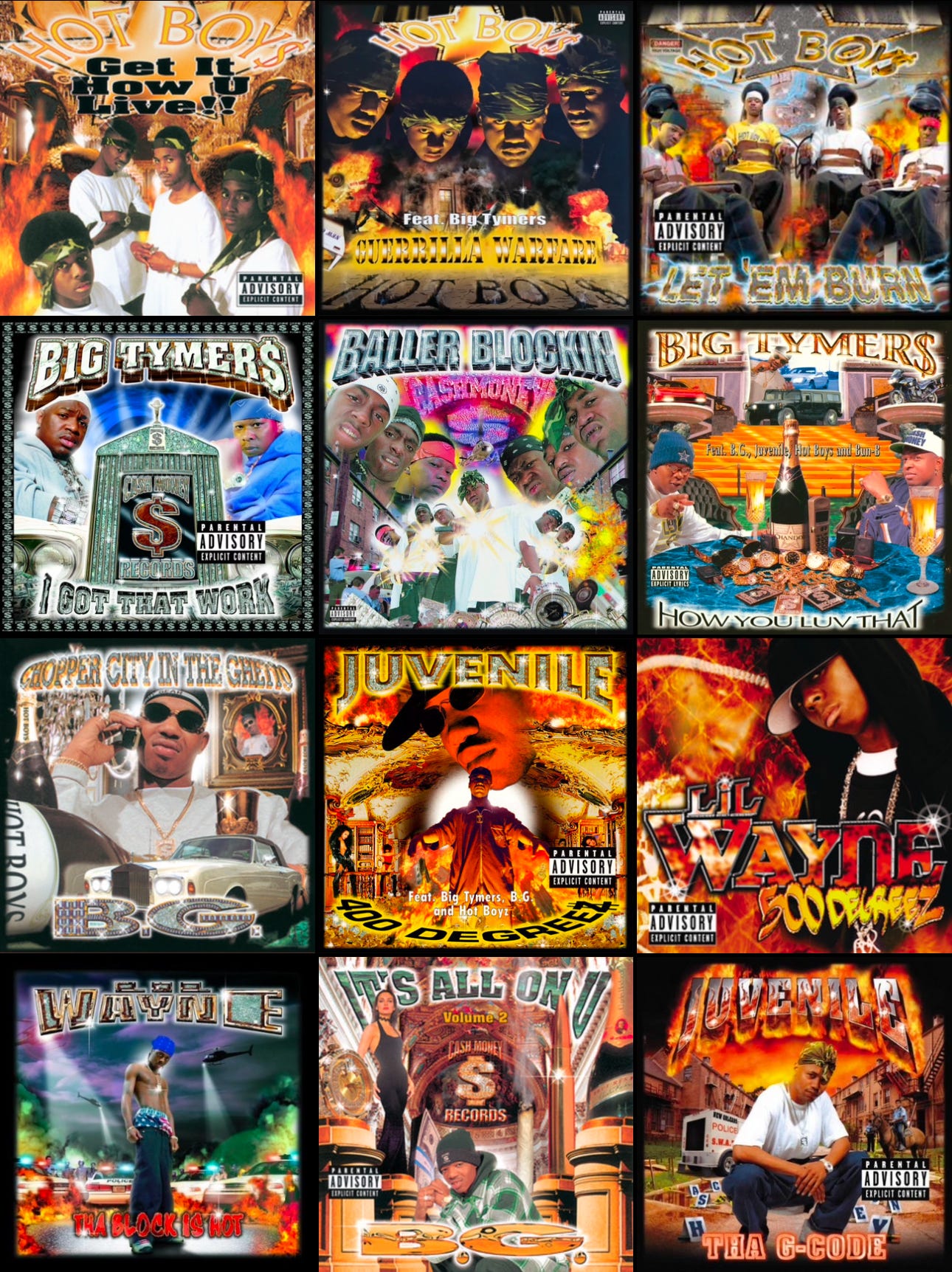 Hot Boys, Big Tymers, BG, Juvenile, Lil Wayne album covers collage
