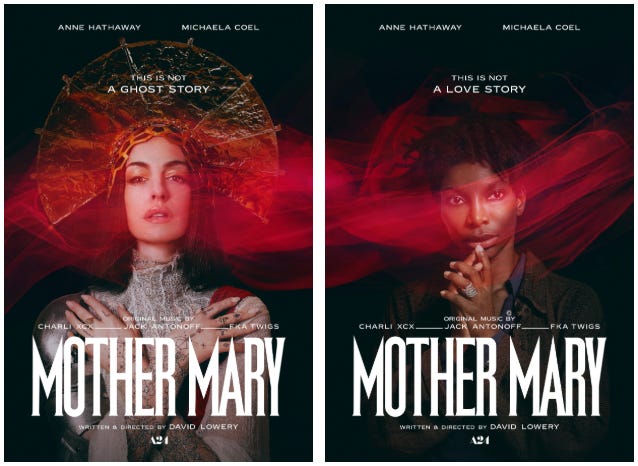 Two movie posters for Mother Mary, one featuring Hathaway and the other featuring Coel Two movie posters for Mother Mary, one featuring Hathaway and the other featuring Coel