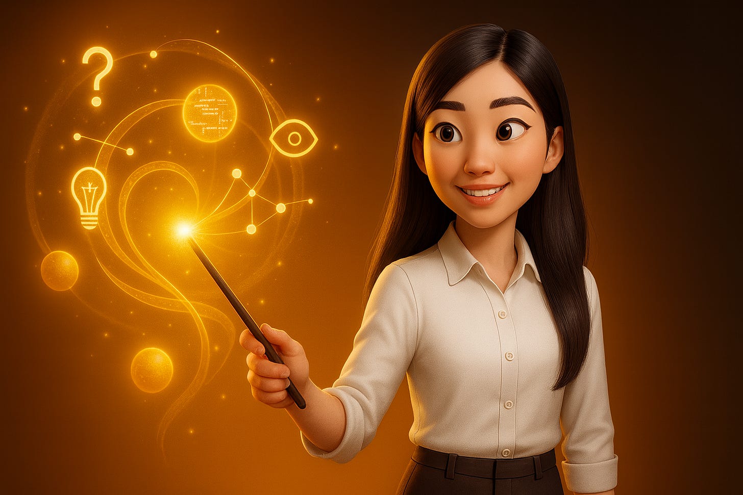 Pixar-style illustration of Jenny Ouyang from Build to Launch holding a wand, creating swirling golden magical patterns and glowing symbols representing AI prompt structures