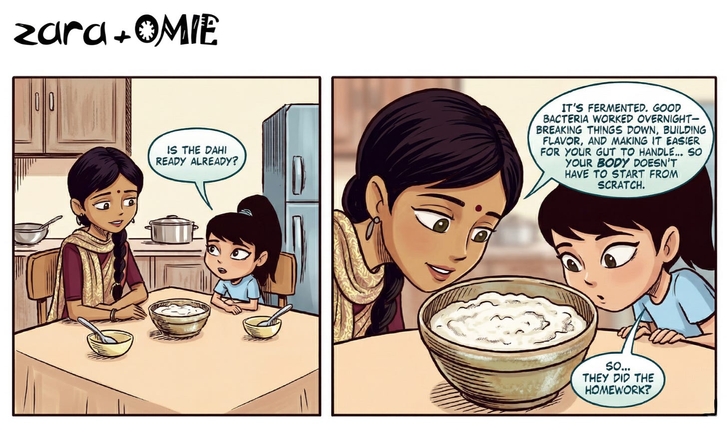 Zara eating dahi while learning about fermentation. Zara eating dahi while learning about fermentation.
