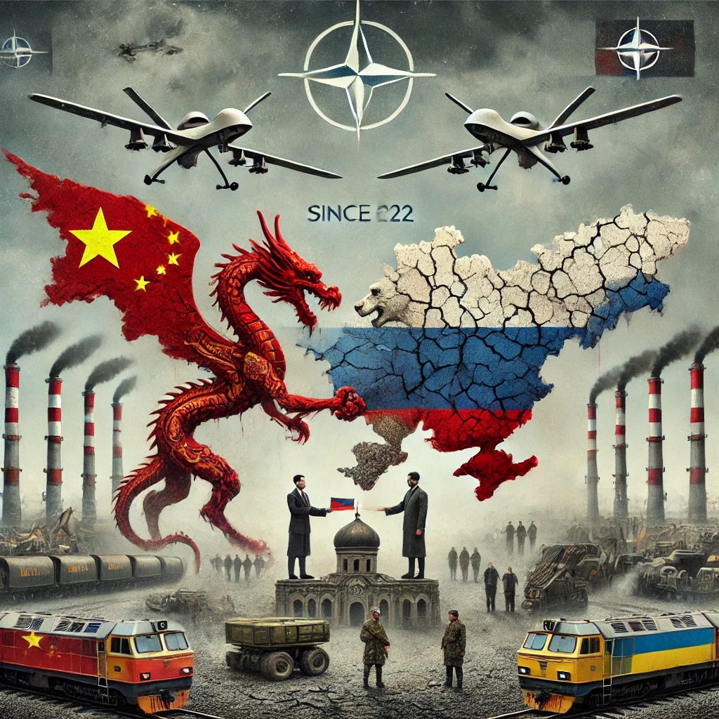A symbolic and visually rich image showing the deepening cooperation between China and Russia since 2022, without any visible text or letters. A Chinese dragon and a Russian bear stand side-by-side, shaking hands over a cracked and scarred map of Ukraine, symbolizing the ongoing conflict. Above them, military drones (UAVs) fly ominously, suggesting covert military support. In the background, stylized representations of universities and nuclear reactors indicate academic and energy collaboration. Cargo trains and pipelines suggest economic ties. Faded NATO flags are in the distance, with no text. The atmosphere is stormy and gray, reflecting global tension and uncertainty.