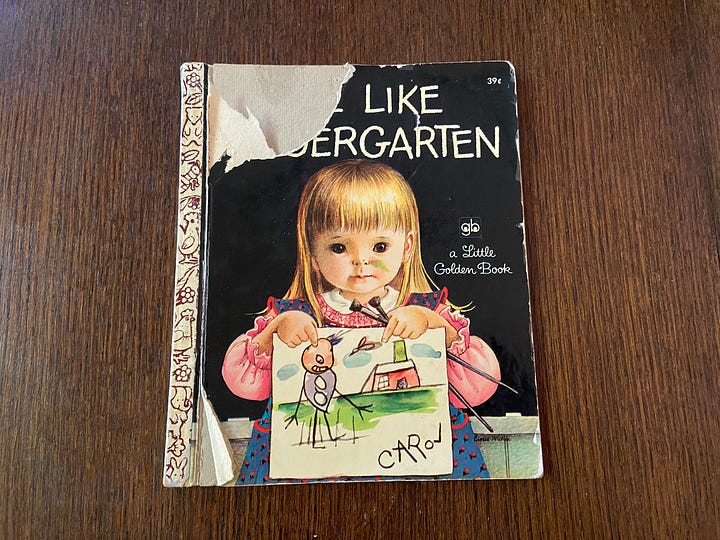 Children's books. At left: Scuffy the Tug Boat, Three Little Kittens, and Little Cottontail. At right: We Like Kindergarten.