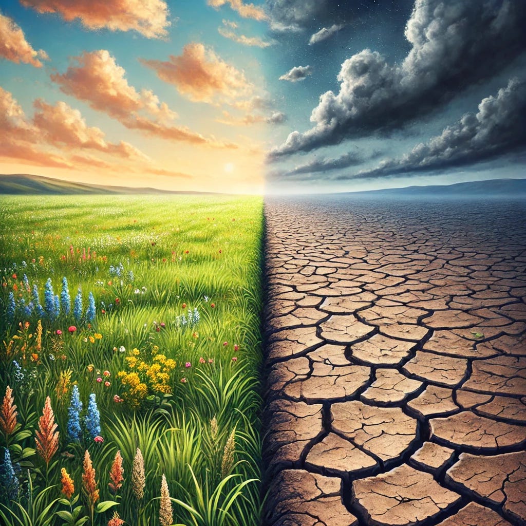 A symbolic depiction of a boundary or dividing line, shown as a bold, dark line stretching horizontally across a landscape. On the left side, the ground is lush, green, and thriving with flowers, while the right side is barren, dry, and cracked, symbolizing contrast and separation. The sky above transitions smoothly, blending between sunny on the left and cloudy on the right. The scene evokes themes of division and contrast.