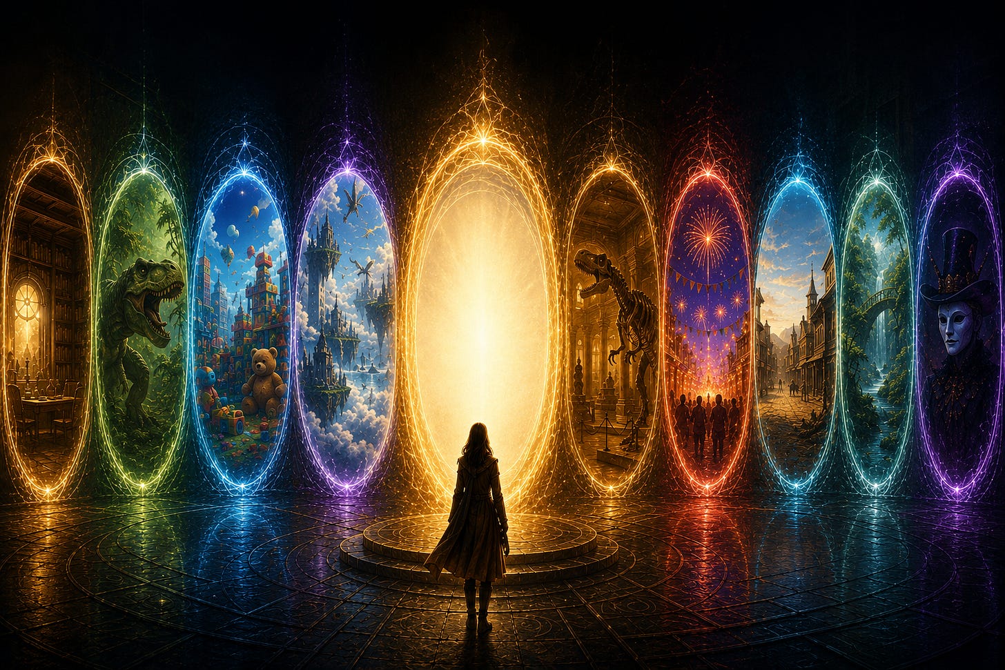 A lone figure stands before a glowing central portal surrounded by magical gateways to many different worlds, including a floating city, a prehistoric jungle, a giant toy room, a forgotten museum, a frontier town, an ancient library, a mysterious forest, a festival, and a masked masquerade. The central portal shines with blank golden light, inviting the viewer to imagine what lies beyond.