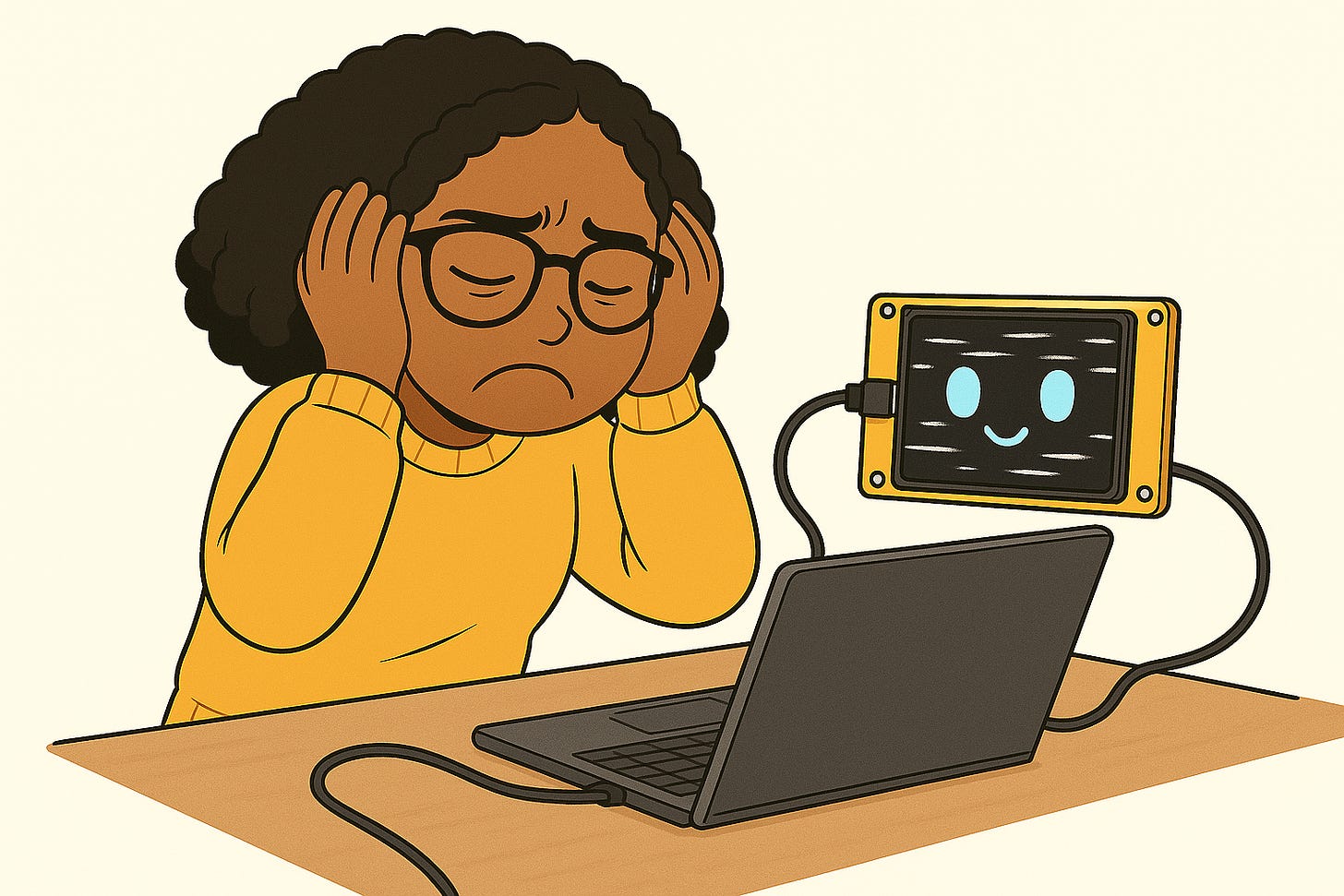 Illustration of Patricia sitting at a desk, holding her head in frustration while a small yellow display with a happy face floats beside her laptop.