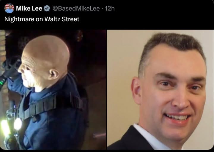 Mike Lee @BasedMikeLee posts: Nightmare on Walz Street. To the left, a picture of the man who killed Melissa Hortman knocking on the door in a police mask. To the right, the killer himself, smiling