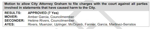 A Bangor, Michigan City Council motion on "statements that have caused harm to the city," passed on January 6, 2025. (City of Bangor)