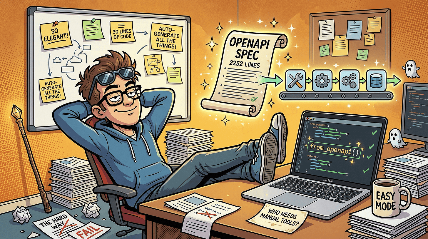 Smug developer with feet on desk, an OpenAPI spec scroll feeding into a laptop running from_openapi(), "EASY MODE" mug, whiteboard reading "30 LINES OF CODE"