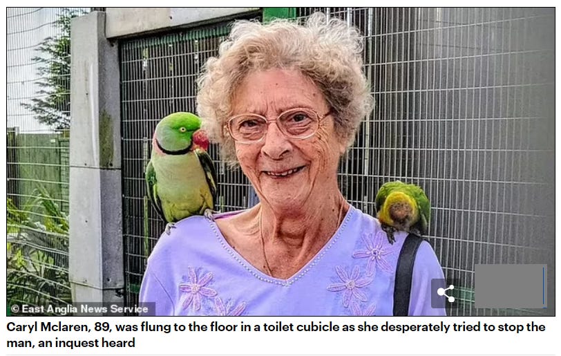 Photo of woman with 2 green birds sitting on her shoulders.