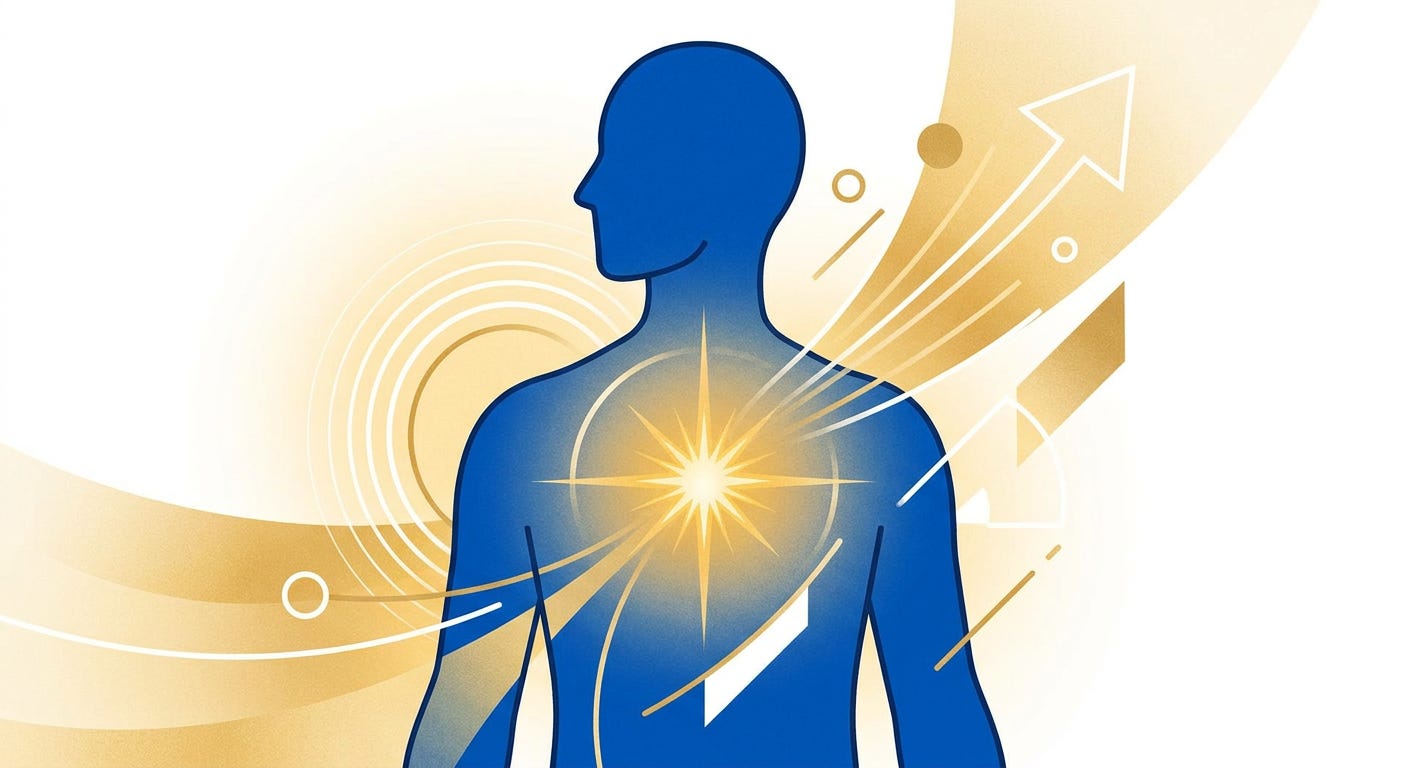 A stylized blue figure with a radiant golden light glowing from the chest, surrounded by flowing golden lines and abstract arrows, symbolizing inner activation, purpose, and transformation.