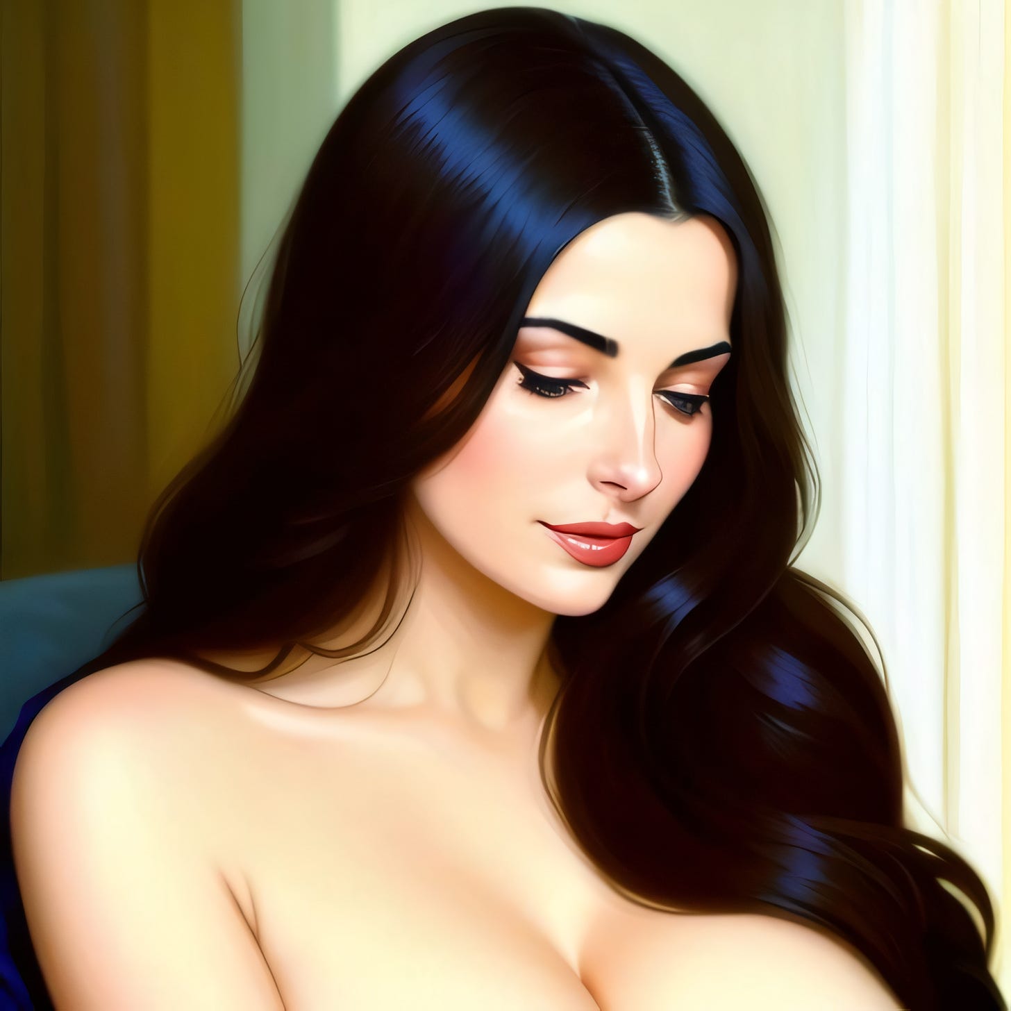 Busty brunette looks solemnly out of frame