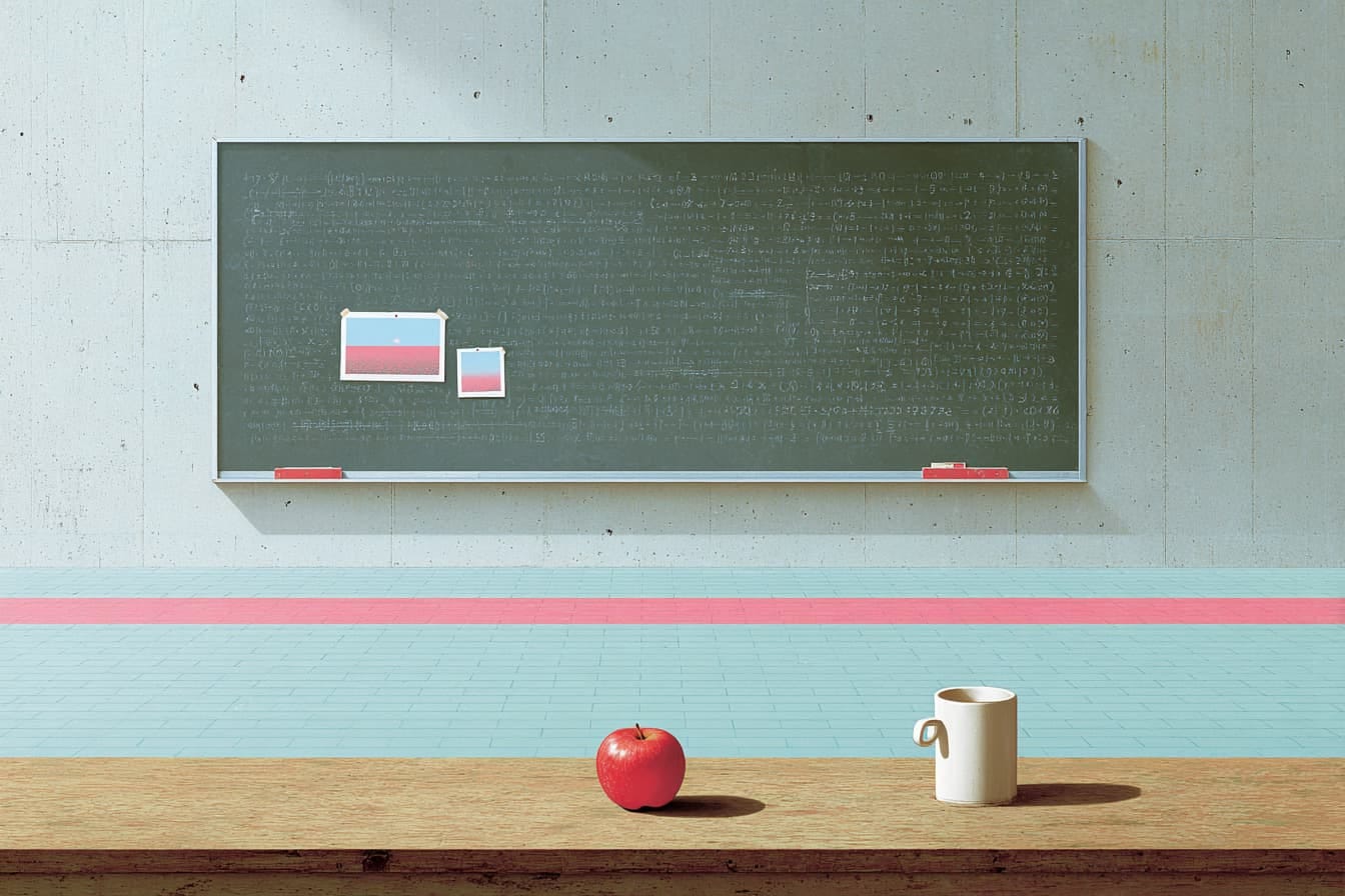 a worn chalkboard in front of a desk with an apple and coffee mug a worn chalkboard in front of a desk with an apple and coffee mug
