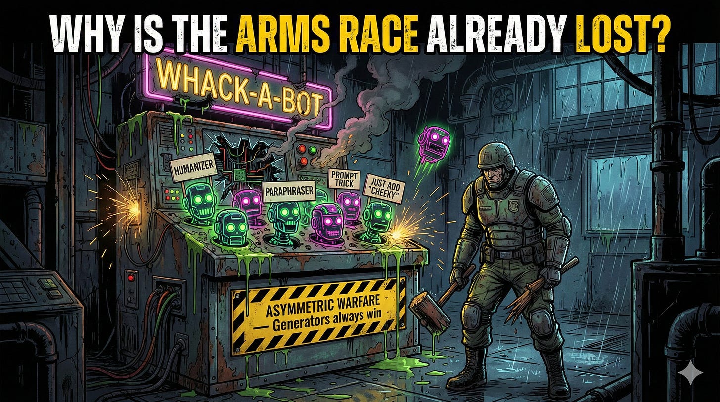 AI detection tools face asymmetric arms race as humanizer tools and simple prompt engineering bypass 80-90% of detection systems