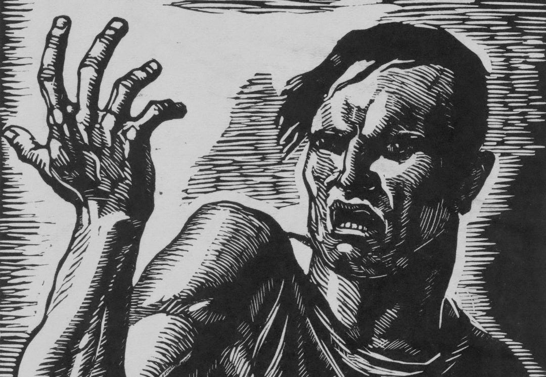 Man with distressed expression and raised hand Man with distressed expression and raised hand