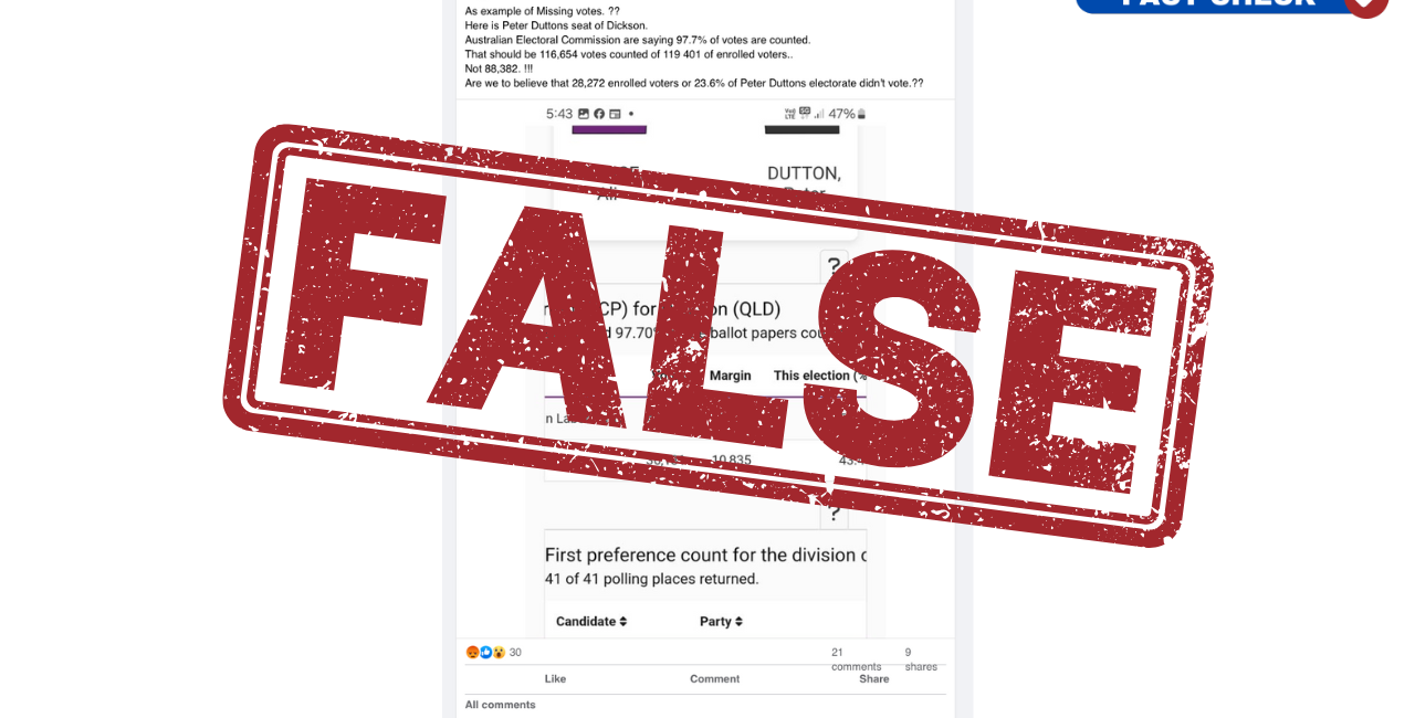 False claim misrepresents vote count in Dutton's lost seat