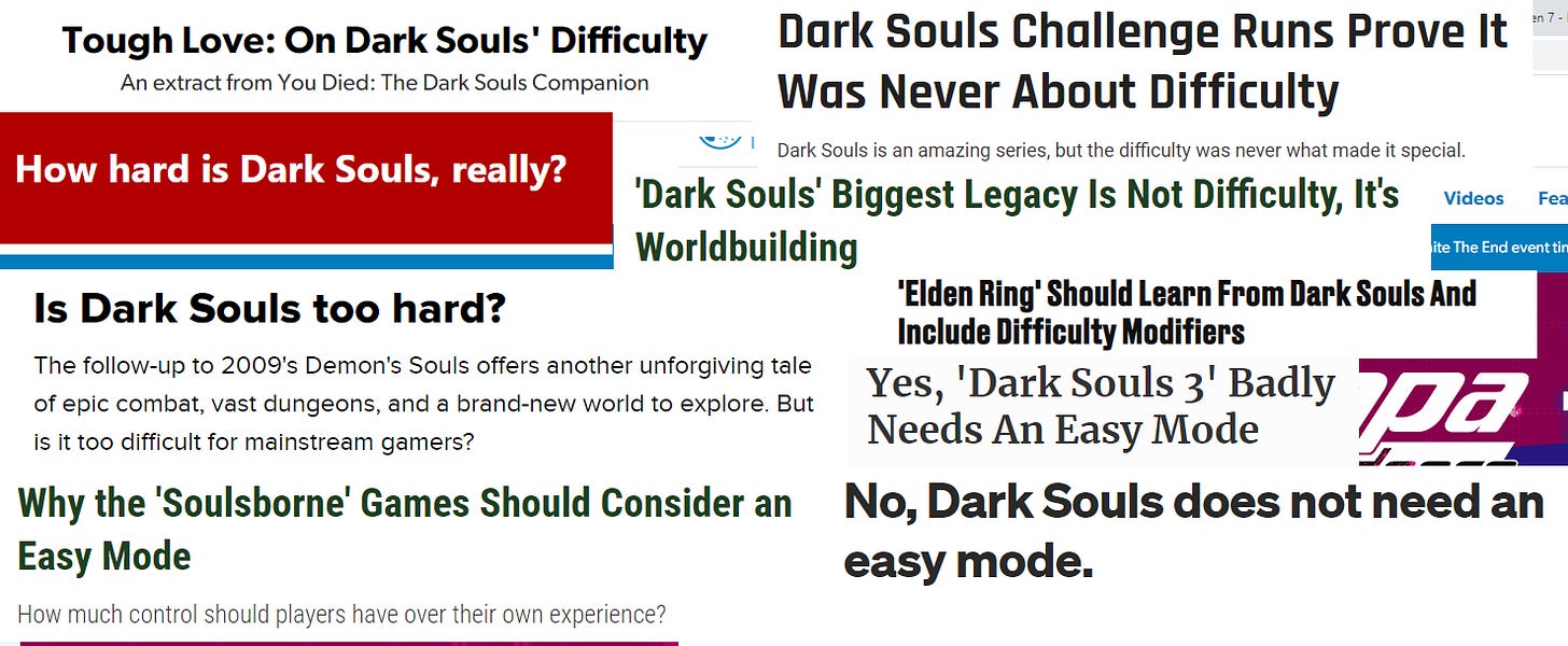 Collage of various "Dark Souls needs an easy mode" headlines.