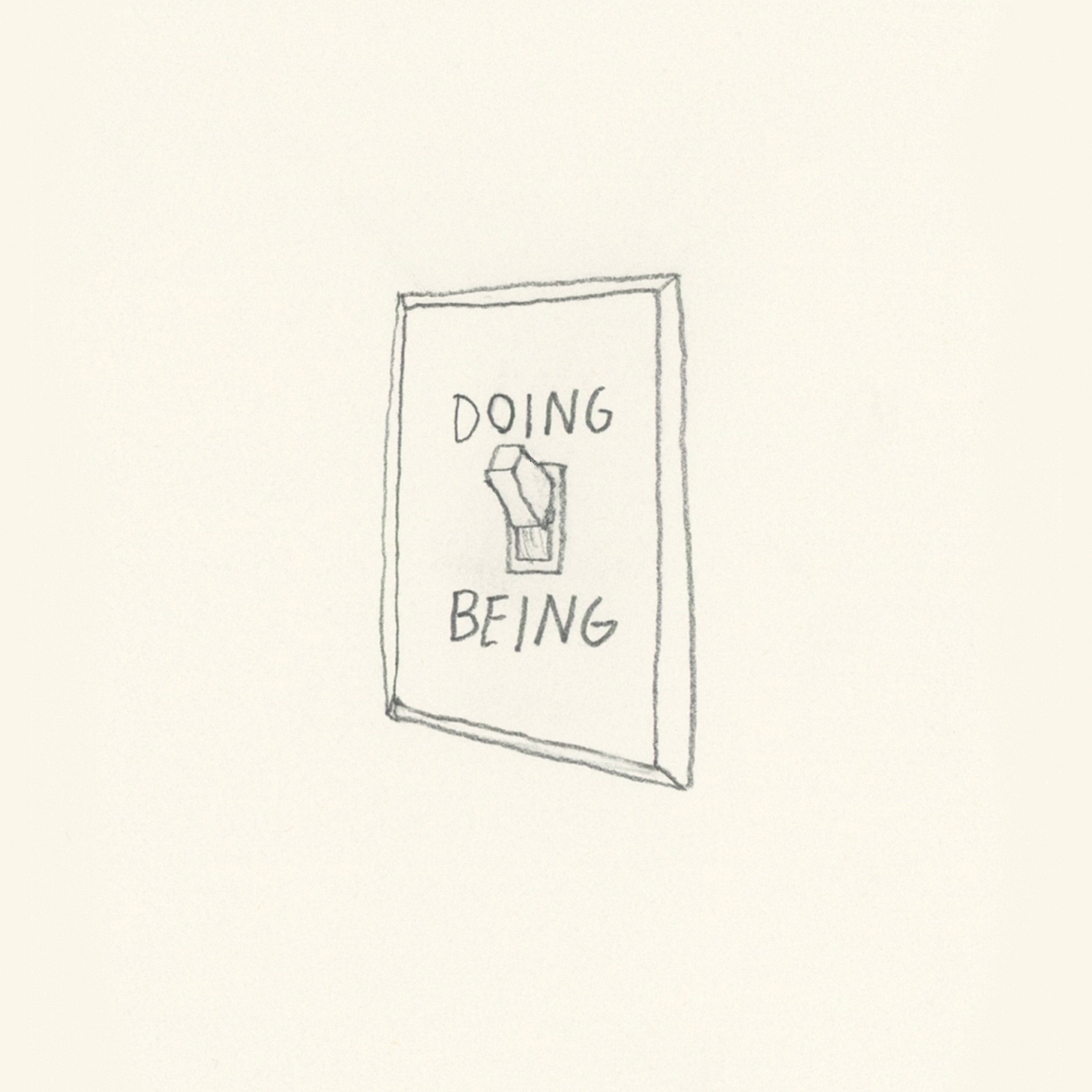 a pencil drawing of a light switch, with the word Doing written in the On position, and Being in the Off position. Switch is currently pointed toward Doing.