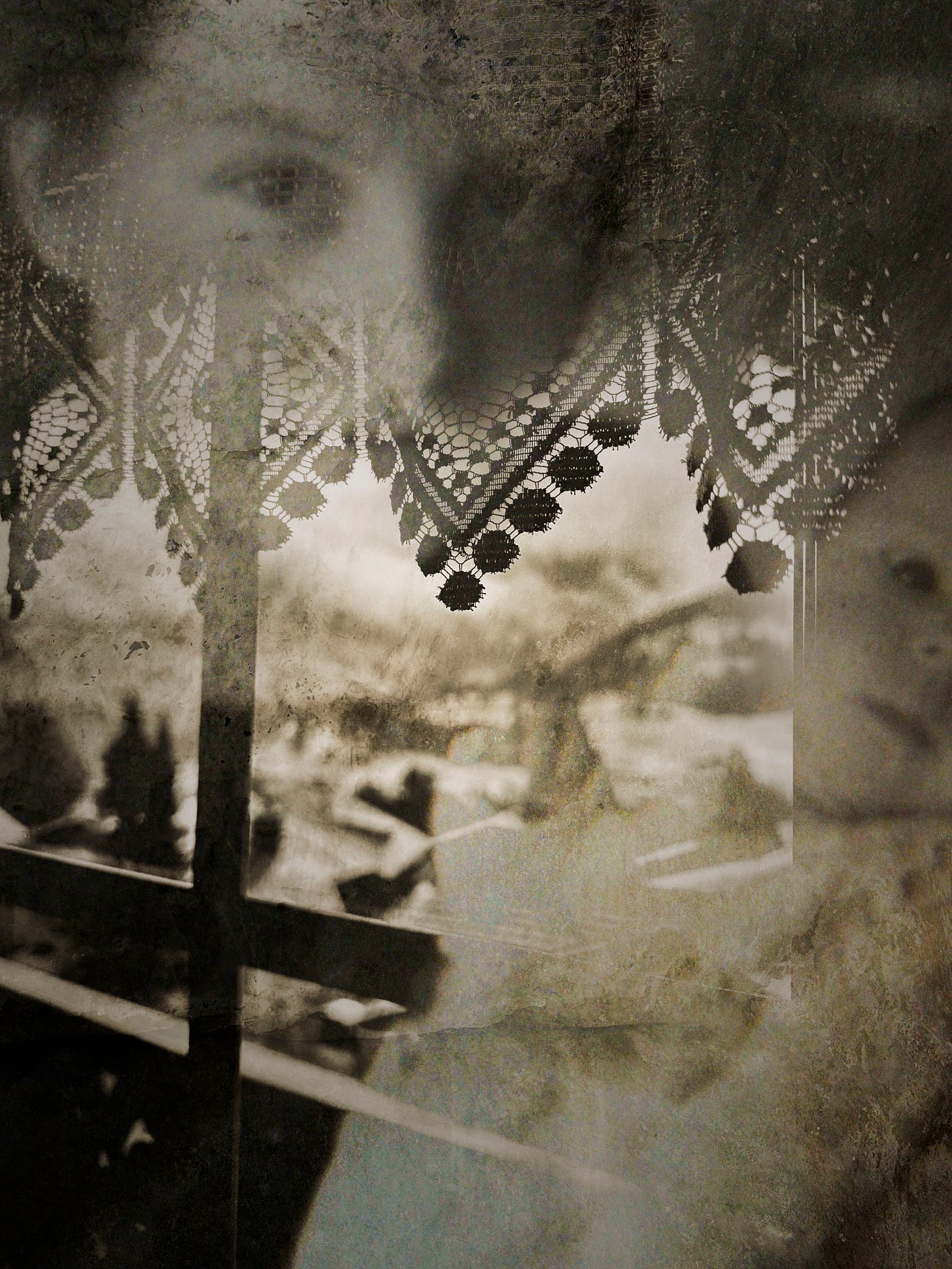 A woman with a young baby, a window and a curtain