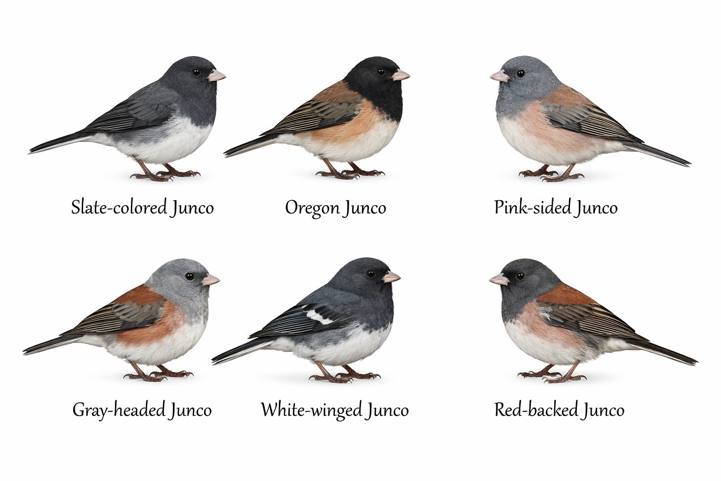 The six Junco ’forms’ mentioned (AI generated reference images) The six Junco ’forms’ mentioned (AI generated reference images)