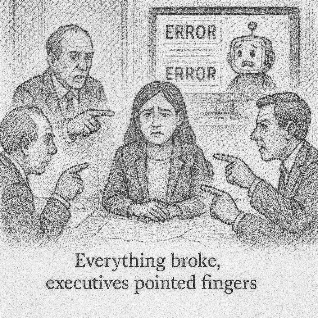Courtroom-style sketch showing boardroom with pointing executives, stressed woman in hot seat, AI character's error messages on wall