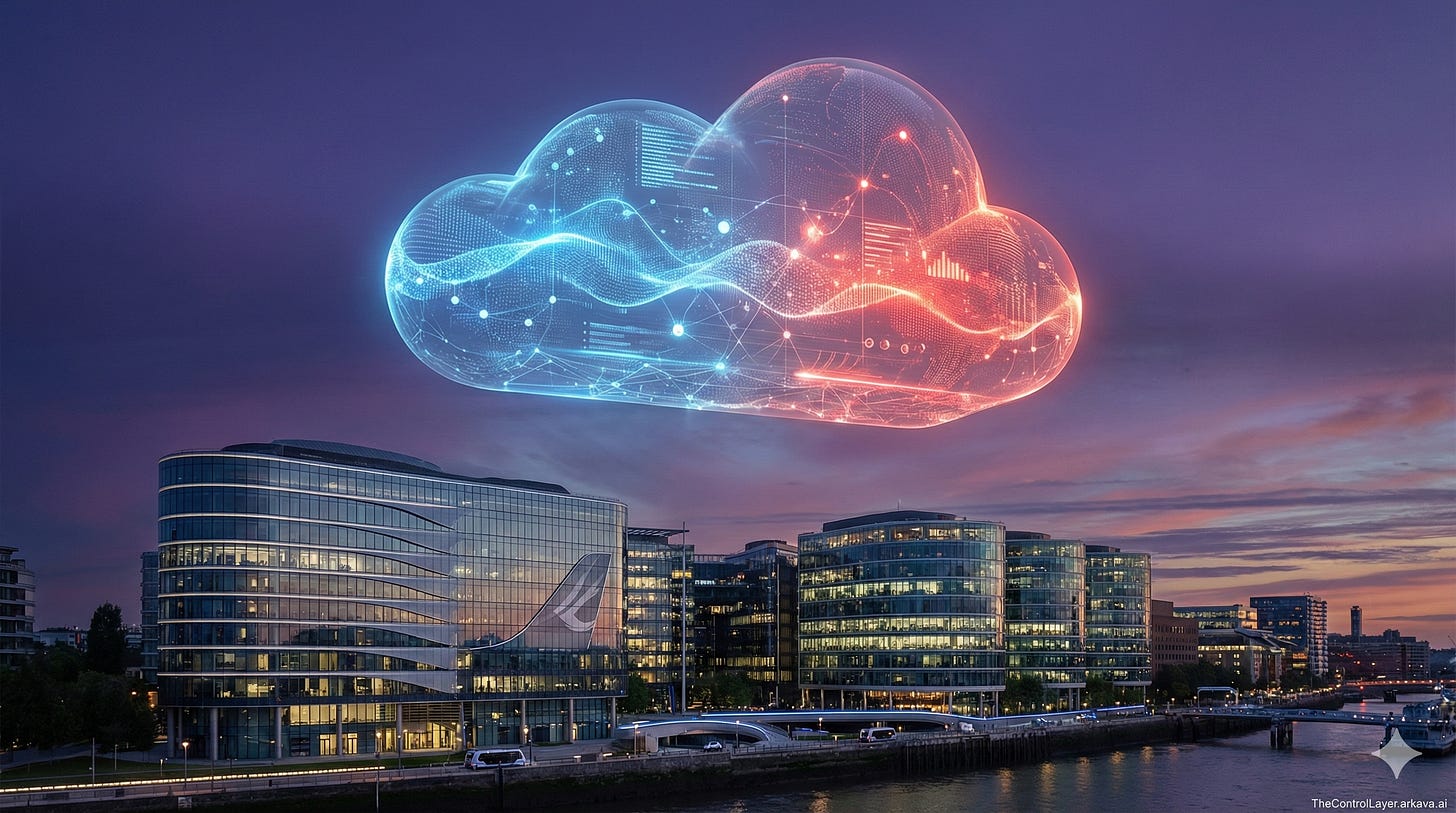 A futuristic European city skyline at dusk with a large translucent cloud formation above, split between blue and orange lighting, symbolising the tension between European and American cloud jurisdiction.