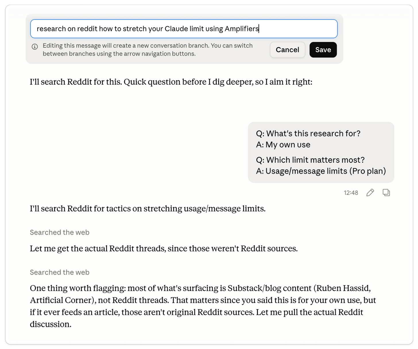 Editing a Claude prompt to add "using Amplifiers" instead of sending a follow-up message, showing how the edit button replaces the original message rather than stacking a correction onto the conversation.