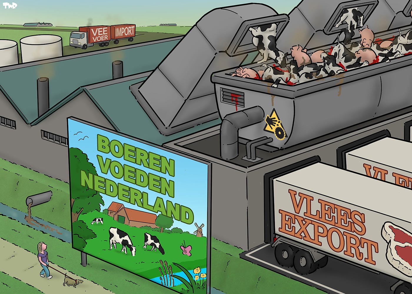 Cartoon waarop te zien is hoe iemand met een hond langs een pad loopt en naar een bord kijkt met de tekst 'Boeren voeden Nederland' en een afbeelding van een kleinschalige boerderij met een paar koeien in een wei met vlinders en bloemen in de berm. Achter het bord zien we een grootschalig veebedrijf waar koeien en varkens vanuit een veehal met tralies via grote trechters in een gigantische vermaler terecht komen. Een rij met vrachtwagens met de tekst 'VLEES EXPORT' op de zijkant staat gekoppeld aan de vermaler. Op de achtergrond komt een vrachtwagen met de tekst 'VEEVOER IMPORT' aanrijden.