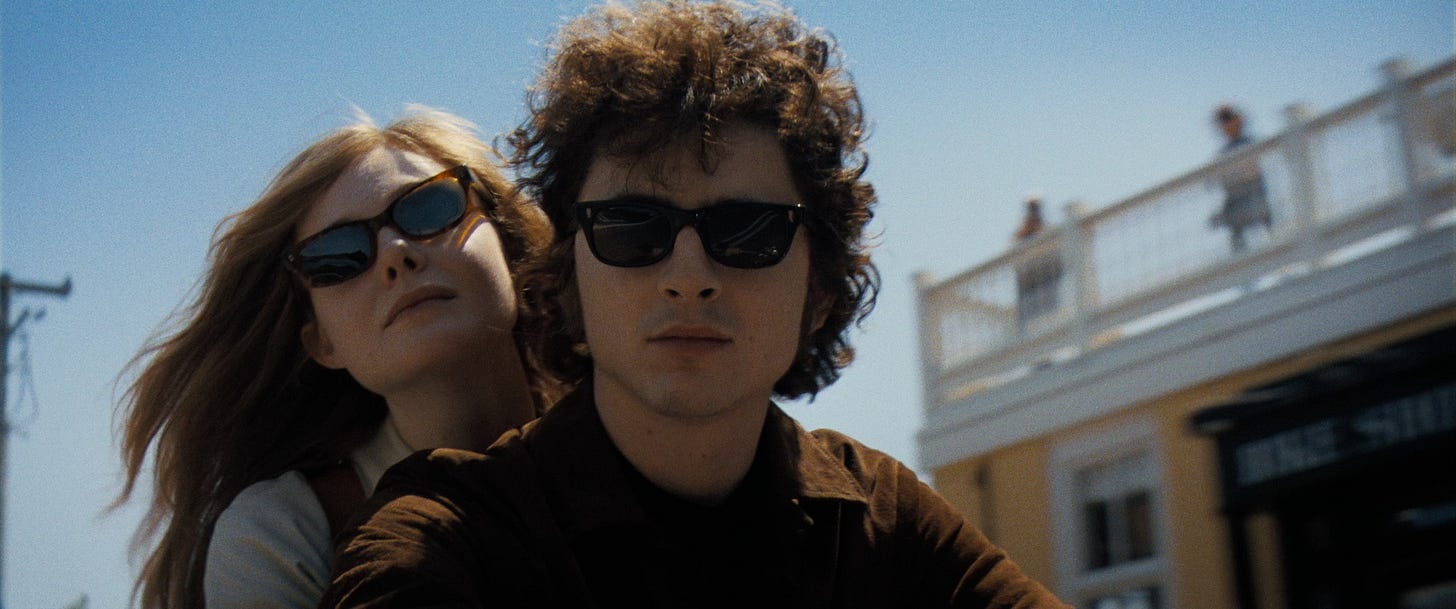 Elle Fanning as Sylvie Russo and Timotheé Chalamet as Bob Dylan in A Complete Unknown Elle Fanning as Sylvie Russo and Timotheé Chalamet as Bob Dylan in A Complete Unknown