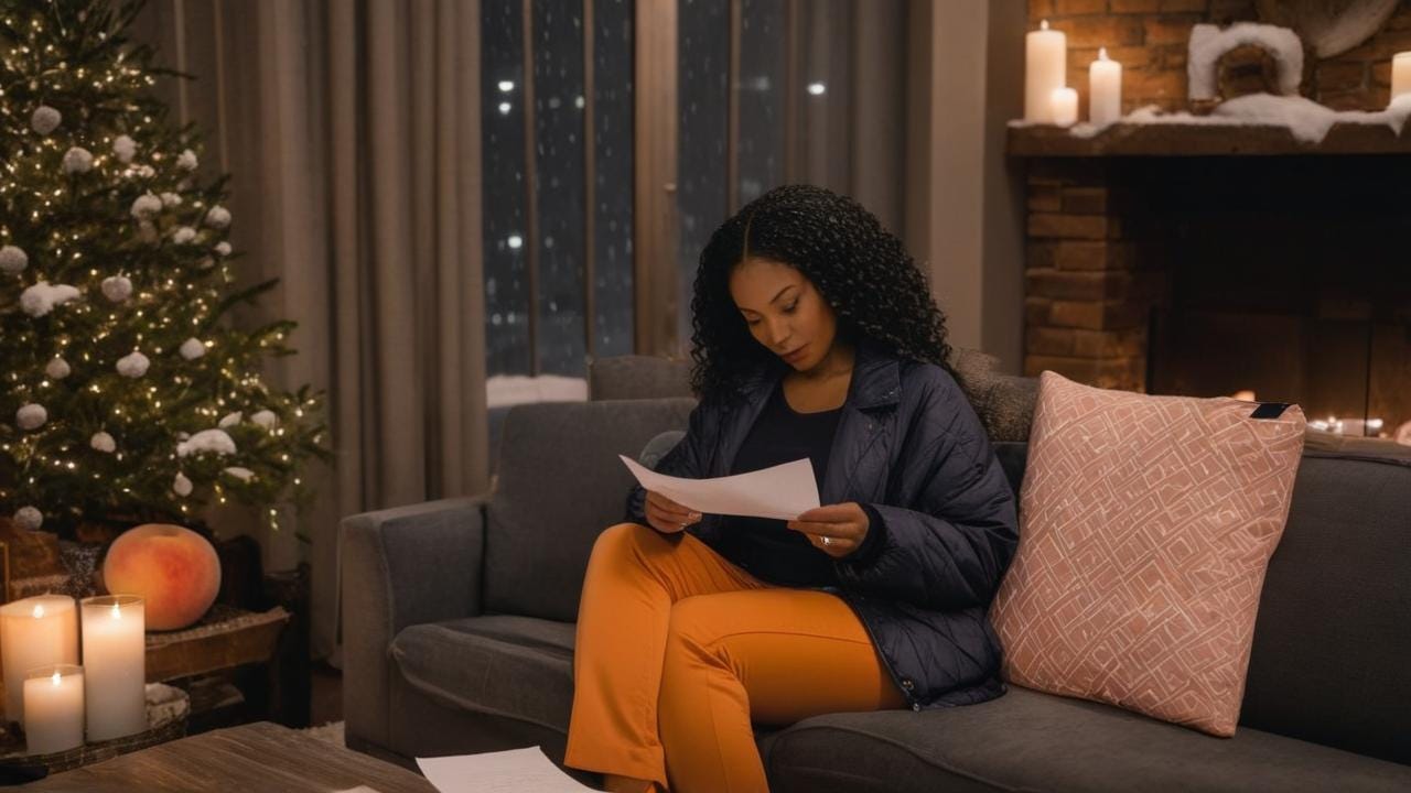 African American woman in peach sitting in an urban  room sitting on the couch while writing a letter with a wintry rain night no tree by fireplace