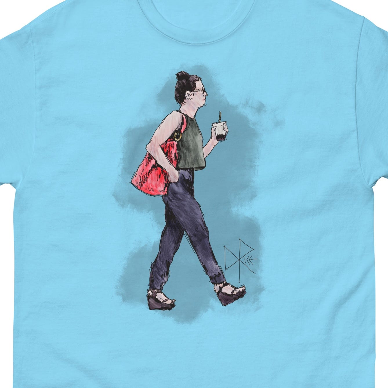 Marching with certainty in blocky platform sandals, a woman with a large purse on her shoulder enjoys a sugary carbonated drink on the go. Sketch art by Don Rice.