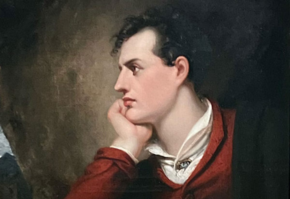 Painted portrait of Lord Byron, looking poetically pensive with his chin rested in his hand