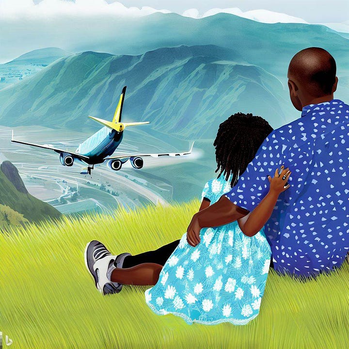 A series of AI-generated images of a ten year old girl sitting with her father on a grassy hill overlooking an airport. A is plane taking off; the girl is wearing a pretty dress printed with flowers; the father and daughter are hugging; in the style of a children's book cover.