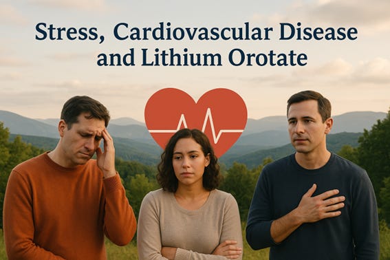Three concerned people stand in front of mountains with a red heart and heartbeat line icon behind them, alongside the title “Stress, Cardiovascular Disease and Lithium Orotate.”