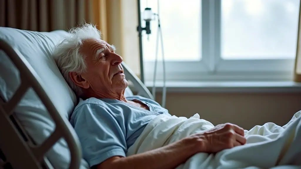 A senior male is on a hospital bed, his expression twisted in discomfort due to pain, while his body shows signs of sepsis symptoms..