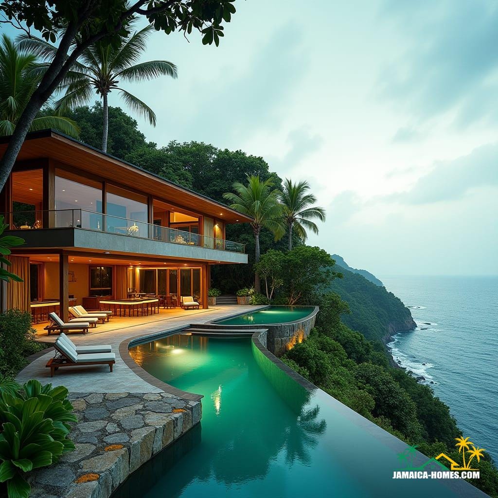Luxury hillside villa in Port Antonio, Jamaica, crafted from local stone and rich teak wood, with expansive windows that seamlessly merge indoor and outdoor spaces, offering breathtaking views of the turquoise ocean. Infinity pools cascade down the hillside, blending effortlessly into the sea. Outdoor lounge areas, adorned with lush tropical foliage, invite relaxation and serenity. Jamaican heritage and modern luxury converge in perfect harmony, creating a private oasis.