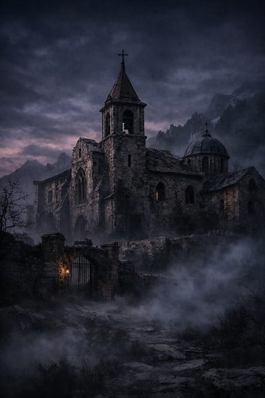 Abbey of Saint Markovia at twilight, cracked stone, dark windows, mist rising, Barovian Gothic atmosphere
