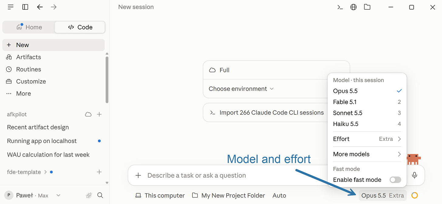 Claude Code model and effort menu in Claude Desktop: Opus 5.5, Fable 5.1, Sonnet 5.5, Haiku 5.5, effort, and fast mode Claude Code model and effort menu in Claude Desktop: Opus 5.5, Fable 5.1, Sonnet 5.5, Haiku 5.5, effort, and fast mode