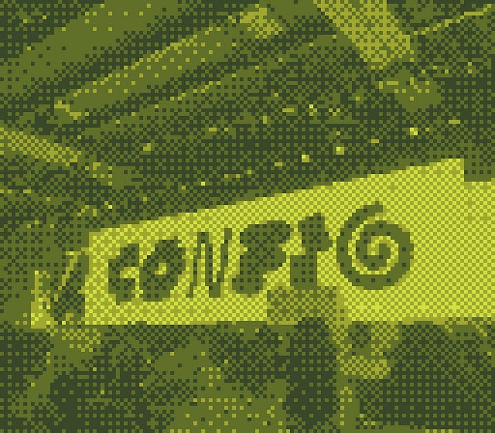Dithered photos emulating the gray-scale and green palette of the Gameboy Camera: A pedestrian traffic light, and the Config main stage