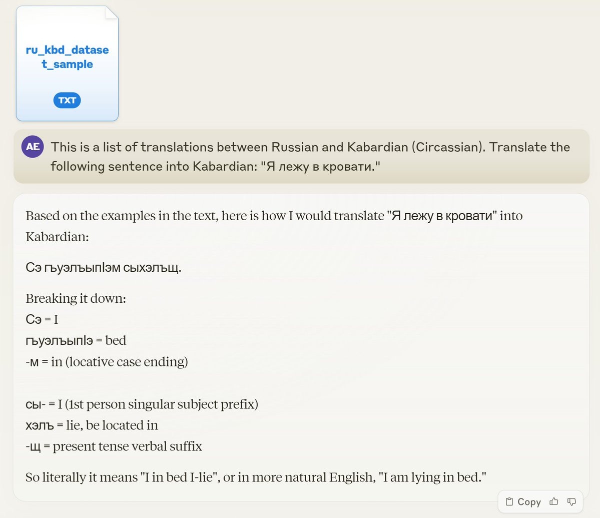 Claude translating text into Kabardian