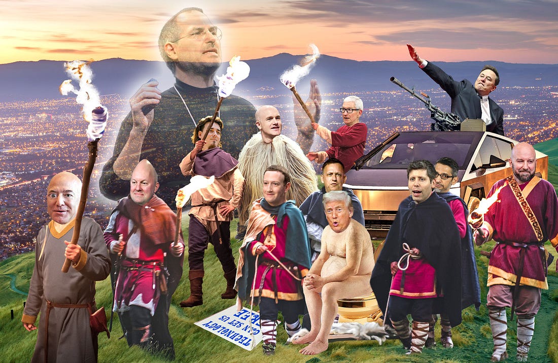 A collage of tech leaders all holding fire sticks in a dystopian field