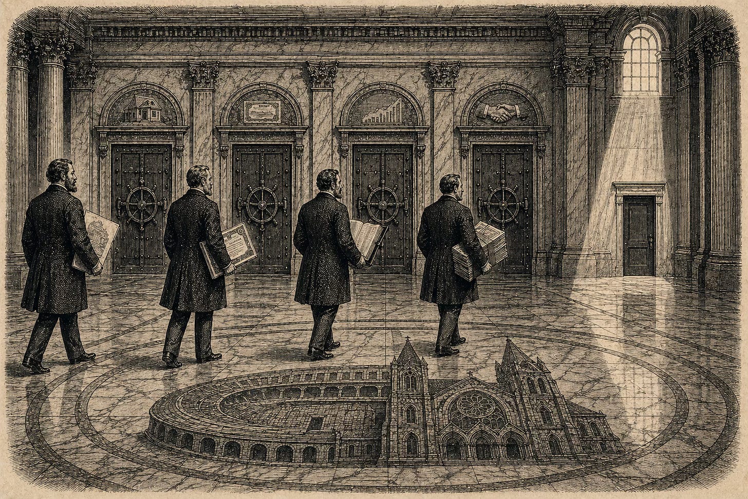 Wood-engraving editorial illustration in the Thomas Nast Harper's Weekly style for Attention Capital's essay The Sports Bond. Four Victorian-era bankers stand in the marble entrance hall of a grand financial institution, each holding a different financial instrument and approaching one of four iron-bound doors. A fifth smaller unmarked door sits between them, illuminated by a single beam of light, with no banker approaching it. The composition visualizes how Apollo, Sixth Street, Ares, and Arctos have positioned in sports through equity-adjacent doors while the dedicated sports media rights credit door remains unentered, the structural opportunity at the center of Attention Capital's analysis. Wood-engraving editorial illustration in the Thomas Nast Harper's Weekly style for Attention Capital's essay The Sports Bond. Four Victorian-era bankers stand in the marble entrance hall of a grand financial institution, each holding a different financial instrument and approaching one of four iron-bound doors. A fifth smaller unmarked door sits between them, illuminated by a single beam of light, with no banker approaching it. The composition visualizes how Apollo, Sixth Street, Ares, and Arctos have positioned in sports through equity-adjacent doors while the dedicated sports media rights credit door remains unentered, the structural opportunity at the center of Attention Capital's analysis.