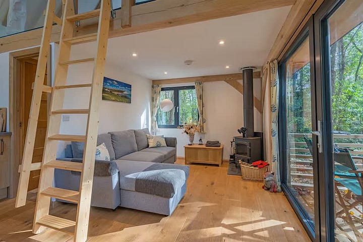 modern interior of cabin and mezzanine floor bedroom
