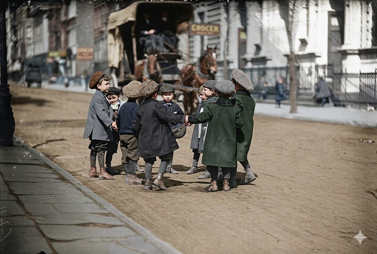 A group of children wearing coats and hats play in a circle on a dirt street, echoing the lively spirit of playgrounds, with a horse-drawn cart and buildings in the background. A group of children wearing coats and hats play in a circle on a dirt street, echoing the lively spirit of playgrounds, with a horse-drawn cart and buildings in the background.
