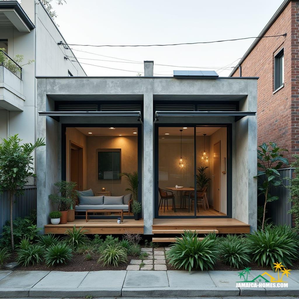 Twin Modular Urban Home
Design: Two 20-ft concrete modules side by side with shared narrow porch.
Materials: Concrete, steel, glass, timber accents.
Features: Solar panels, ventilated roof, cross-ventilation, narrow garden strip at front.
Environment: Dense city lot, neighboring buildings close by, small tropical plants in front.
Style Notes: Modern, practical, functional for small urban family or rental.