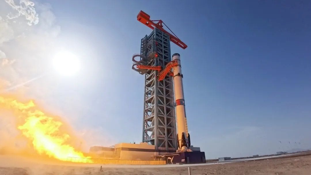 The Zhuque-3 Y1 vehicle with both of its stages fully fuelled during a pre-flight static fire.