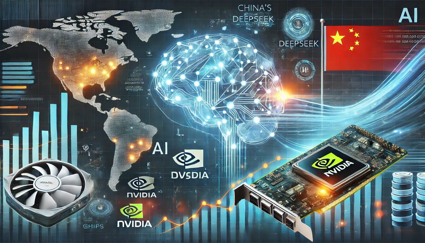 A professional and visually engaging illustration depicting a futuristic AI concept with a focus on China's DeepSeek disrupting global technology. The image includes a sleek AI model represented by glowing data streams and digital brains, with contrasting elements like Nvidia chips and falling tech stocks graphically represented in the background. A world map highlights China and the U.S., symbolizing competition in the AI space. The overall style is modern, clean, and technology-driven, emphasizing innovation, investment, and market impact.